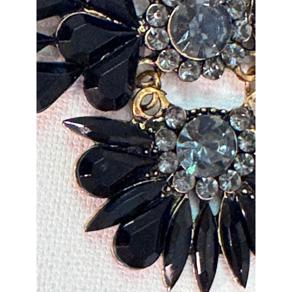 Black Floral Statement Bib Necklace Gold Tone Rhinestone Gothic Glam Runway 18" - Picture 10 of 11